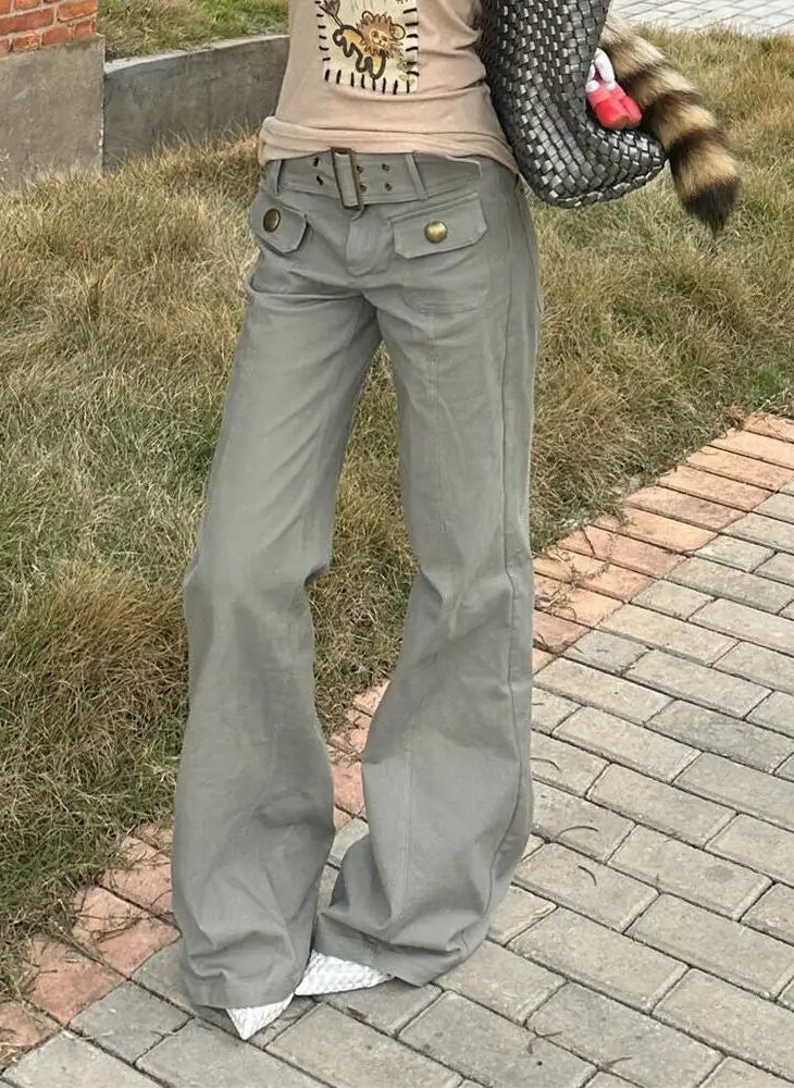 00s Y2K Grey Flared Low Waist Cargo Jeans