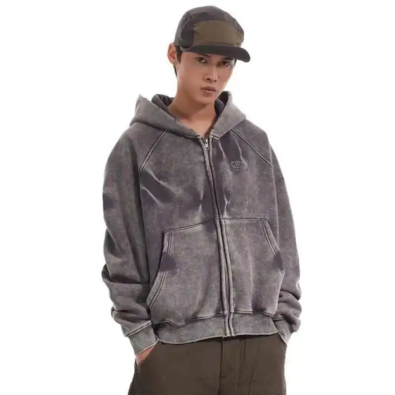 American Vintage Y2K Distressed Gradient Pile Baggy Zip Up Hoodie