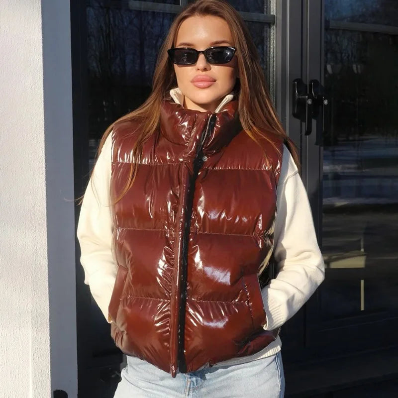 Autumn Brown Y2K Stand Collar Puffer Jacket Gilet Coat