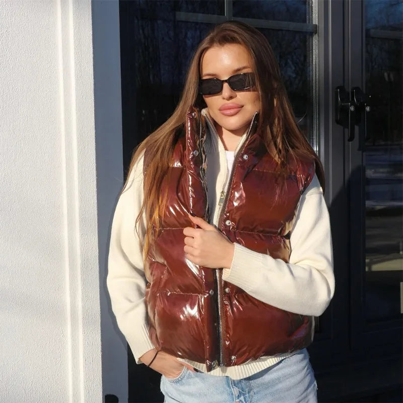 Autumn Brown Y2K Stand Collar Puffer Jacket Gilet Coat
