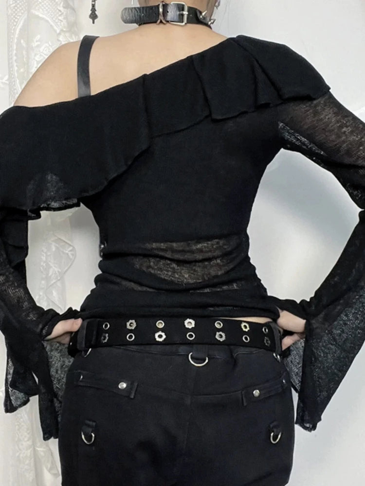 Black Y2K Gothic Cross Off Shoulder Long Sleeve Top