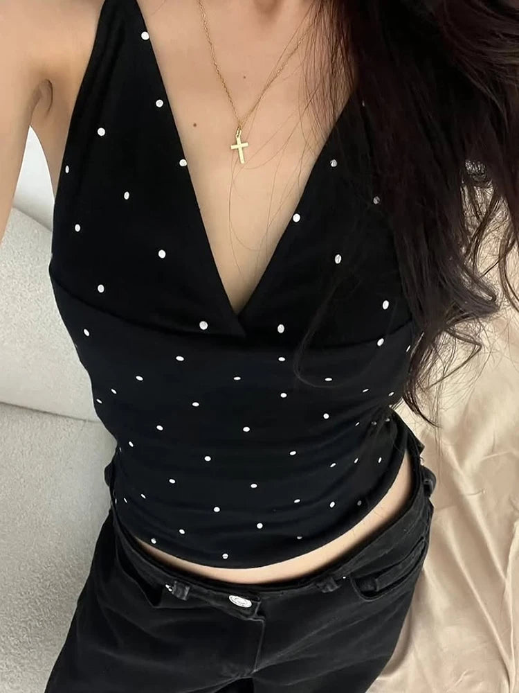 Black Y2K Polka Dot Halter Low Cut Tank Tops