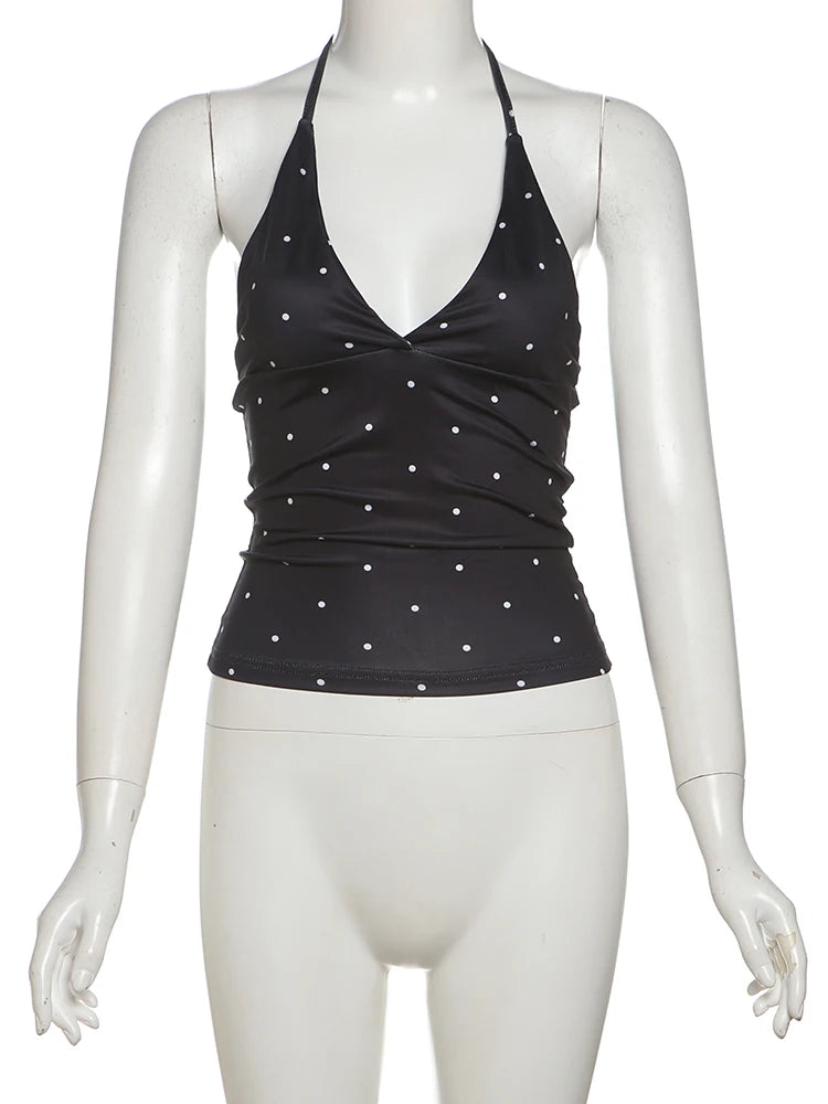 Black Y2K Polka Dot Halter Low Cut Tank Tops
