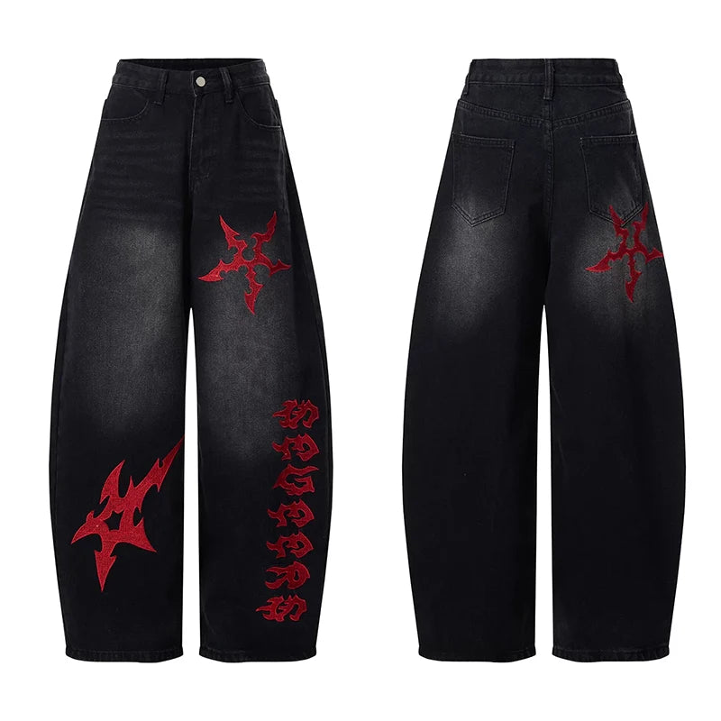 Black Y2K Red Shuriken Thorn Embroidered Graphic Baggy Jeans