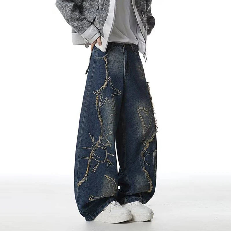 Blue Y2K Raw Edge Embroidered Graphic Baggy Jeans