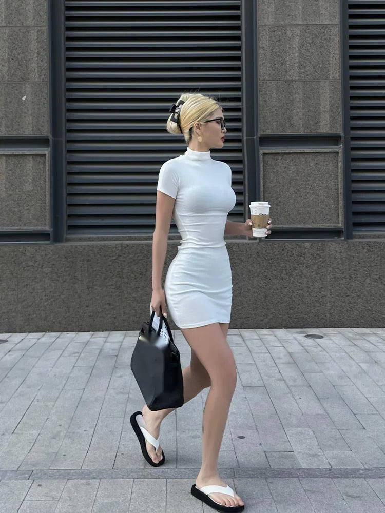Classy Y2K Short Sleeve Half High Neck Mini Dress