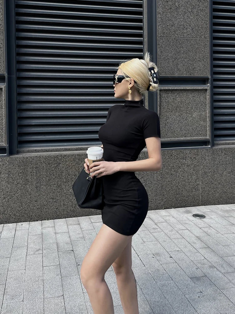 Classy Y2K Short Sleeve Half High Neck Mini Dress Classy Y2K Short Sleeve Half High Neck Mini Dress