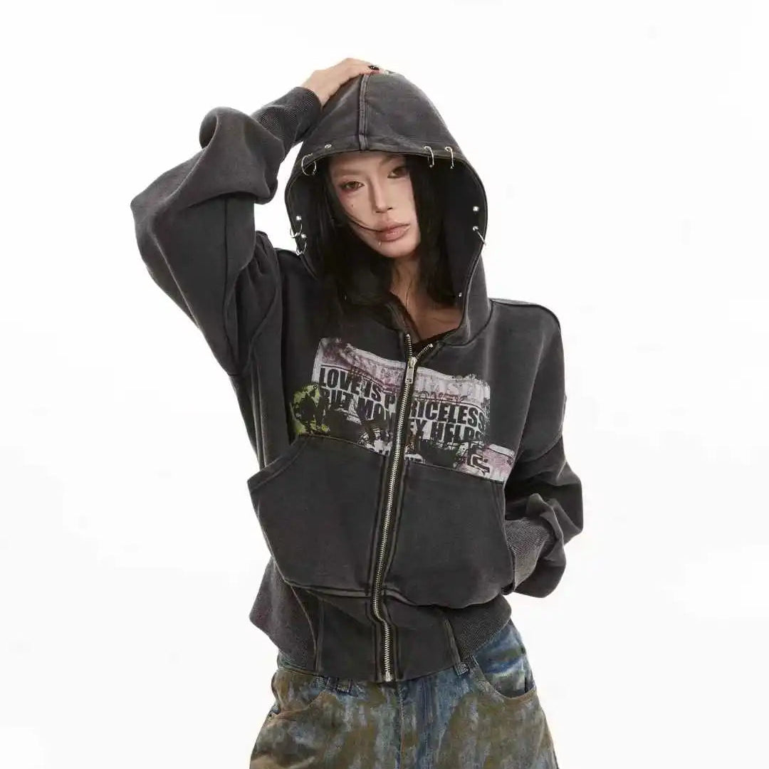 Cropped Y2K Graphic Washed Old Zip Up Hoodie