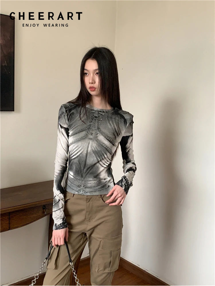 Cyber Y2K Armour Graphic Mesh Long Sleeve Top
