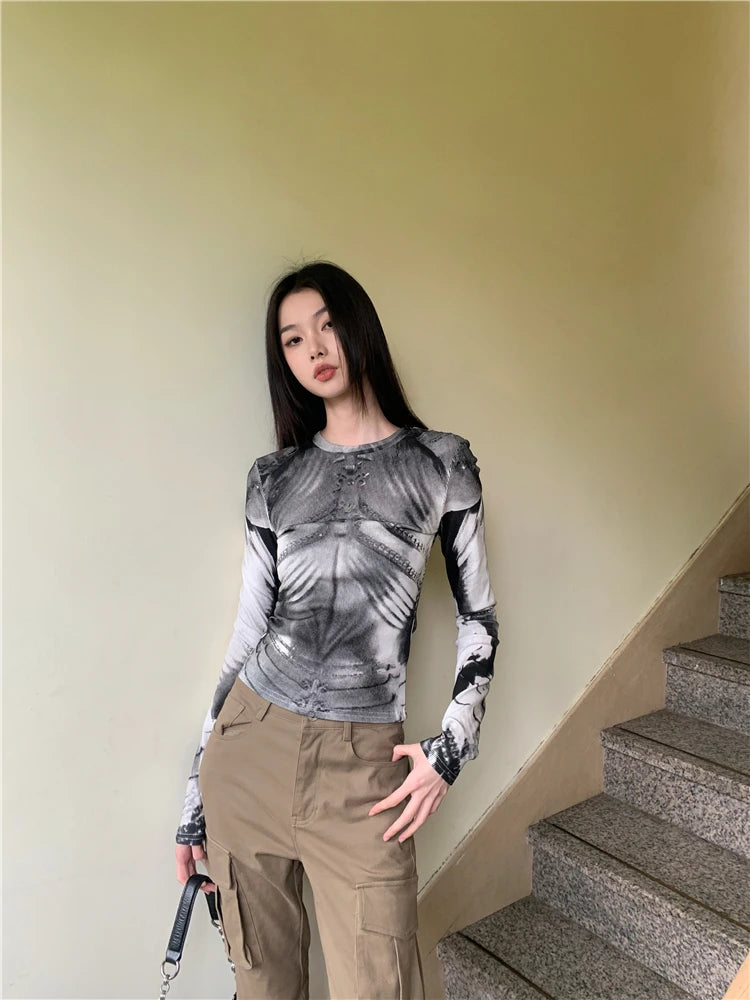 Cyber Y2K Armour Graphic Mesh Long Sleeve Top