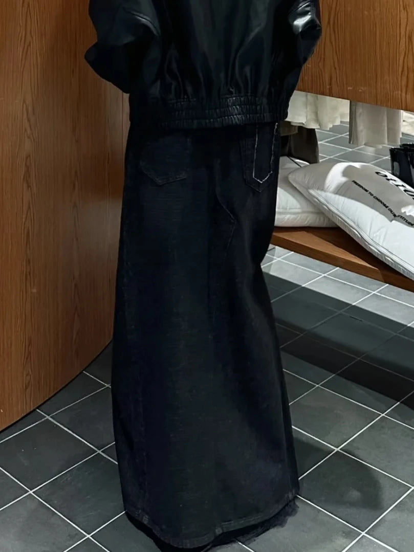 Dark Core Y2k Grunge Denim Maxi Skirt