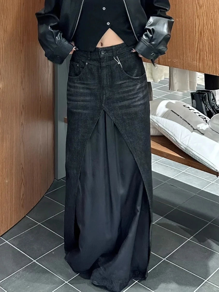 Dark Core Y2k Grunge Denim Maxi Skirt