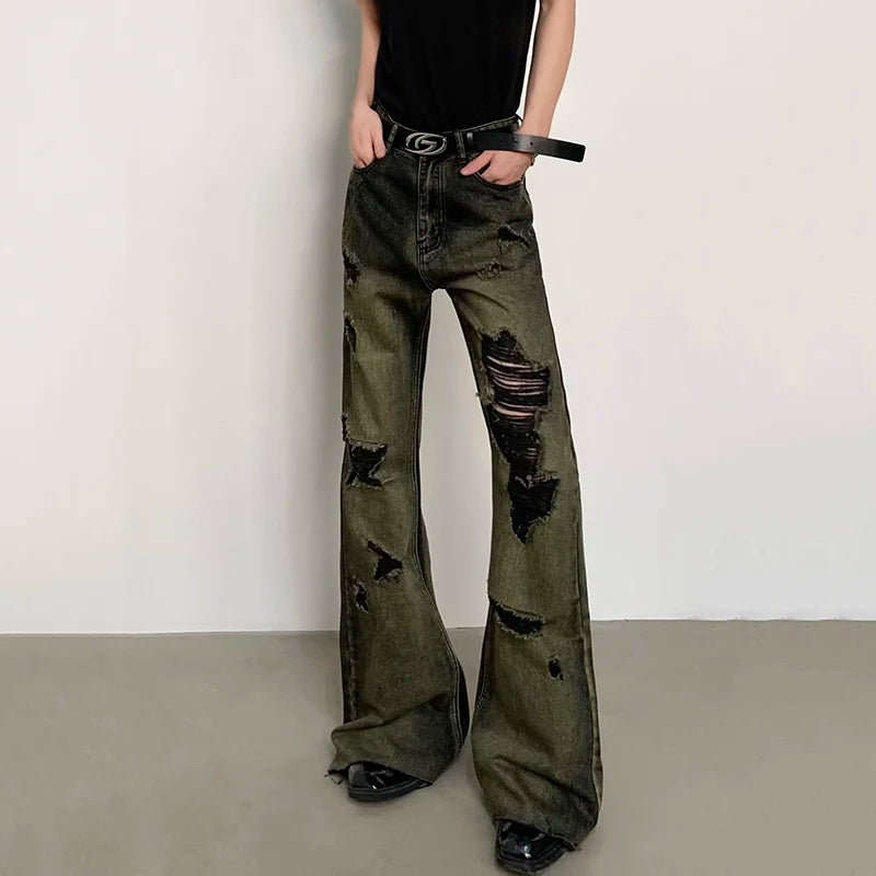Distressed Contrast Colour Y2K Mens Denim Flared Jeans