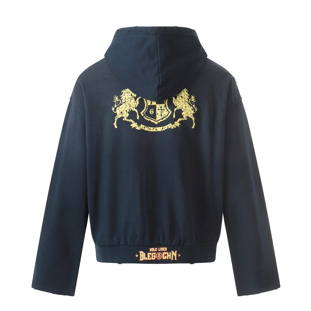 Distressed Y2K Graphic Print Ripped Zip Up Hoodie