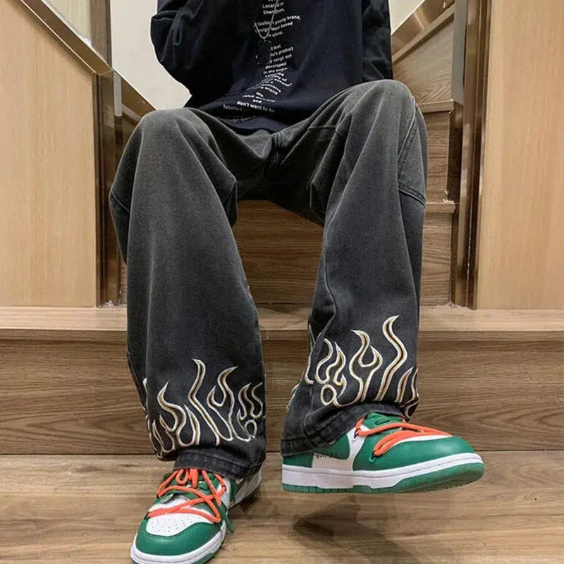Embroidered Flame Logo Baggy Y2K Jeans