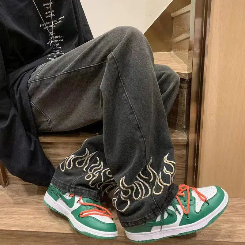 Embroidered Flame Logo Baggy Y2K Jeans