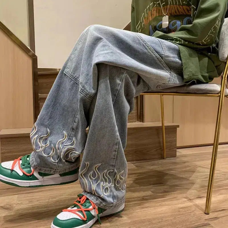 Embroidered Flame Logo Baggy Y2K Jeans