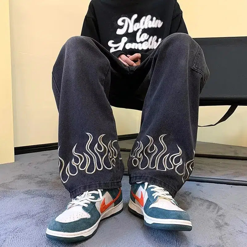 Embroidered Flame Logo Baggy Y2K Jeans