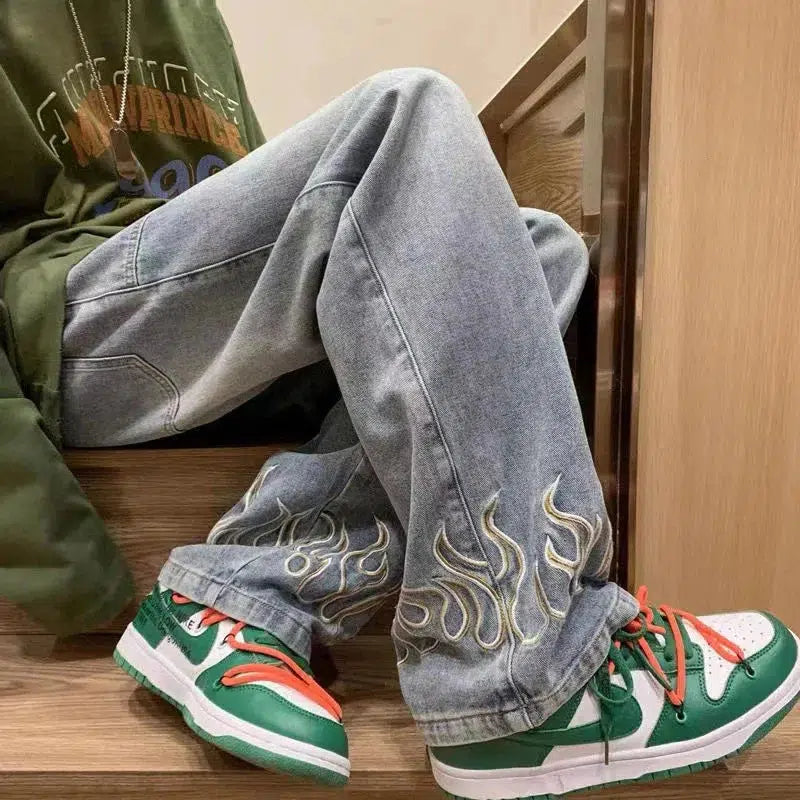 Embroidered Flame Logo Baggy Y2K Jeans