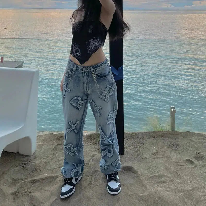 Embroidered Patchwork Y2K Baggy Low Waist 90S Jeans