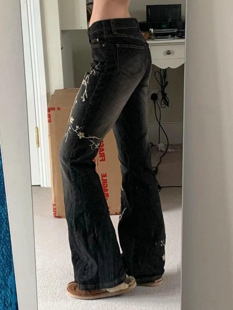 Floral Embroidered Y2K Vintage Flared Jeans