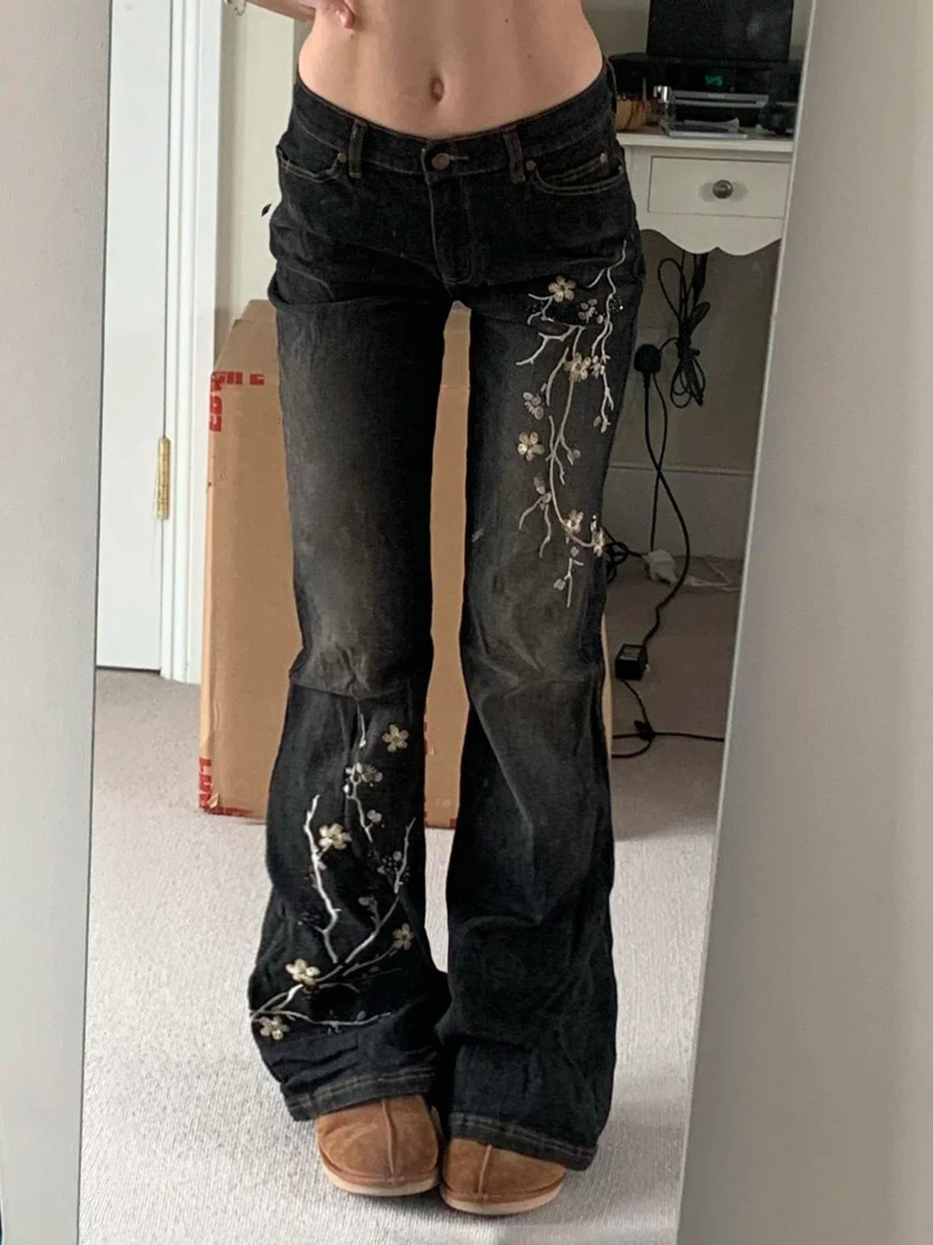 Floral Embroidered Y2K Vintage Flared Jeans
