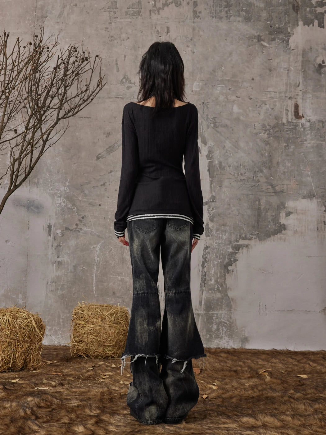 Gothic Wasteland Punk Y2K Trashy Off Shoulder Long Sleeve Top