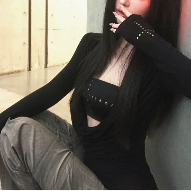 Gothic Y2K Irregular Rivet Long Sleeve Top