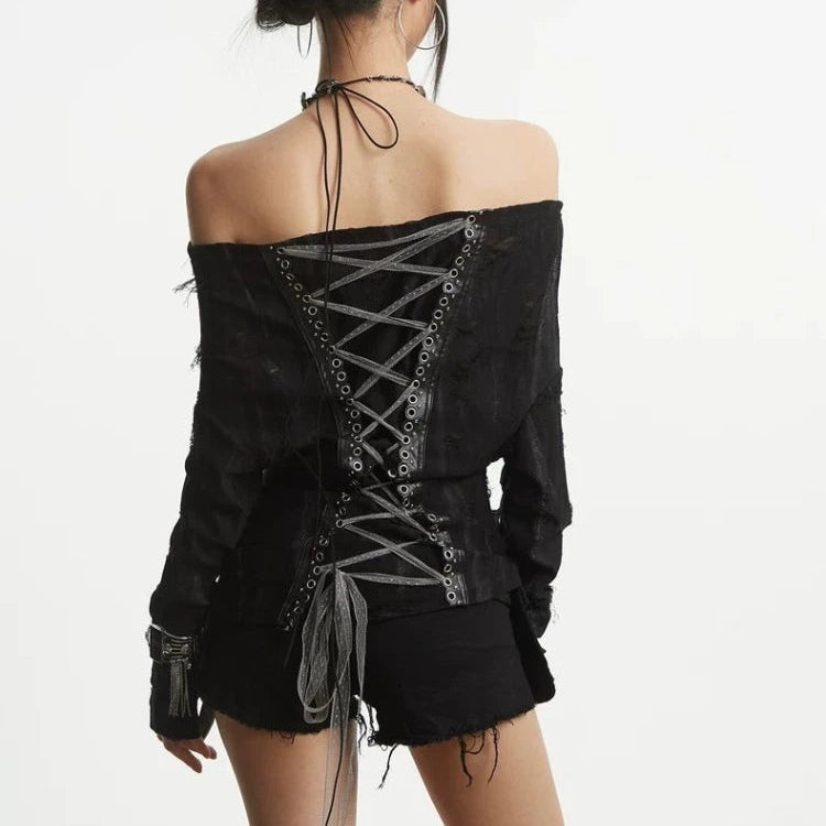 Gothic Y2K Lace Up Grunge Off Shoulder Graphic Long Sleeve Top