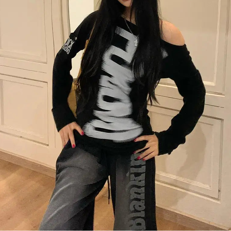 Grunge Y2K Graphic Long Sleeve Button Top