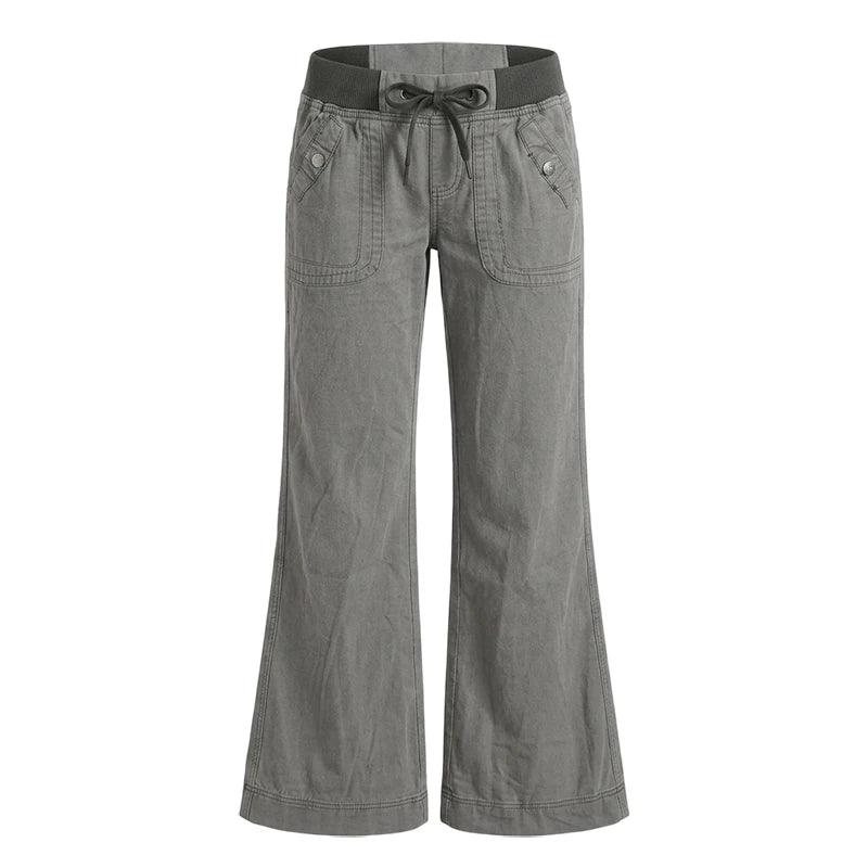 Grunge Y2K Ribbed Flared Elastic Low Waist Cargo Jeans