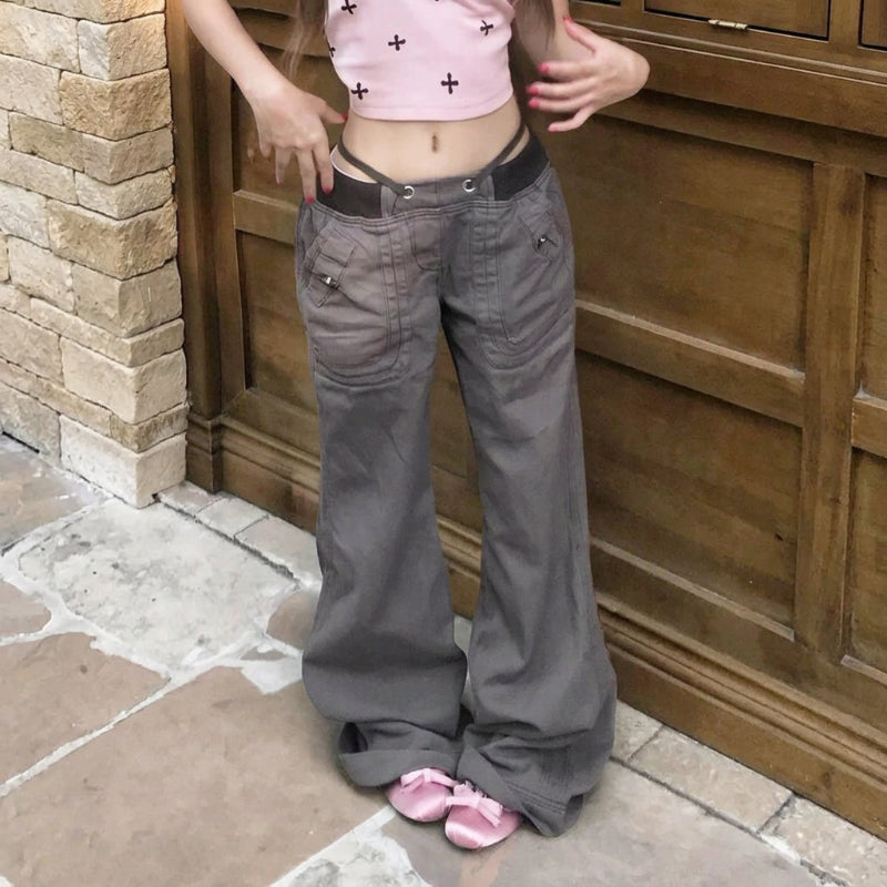 Grunge Y2K Ribbed Flared Elastic Low Waist Cargo Jeans