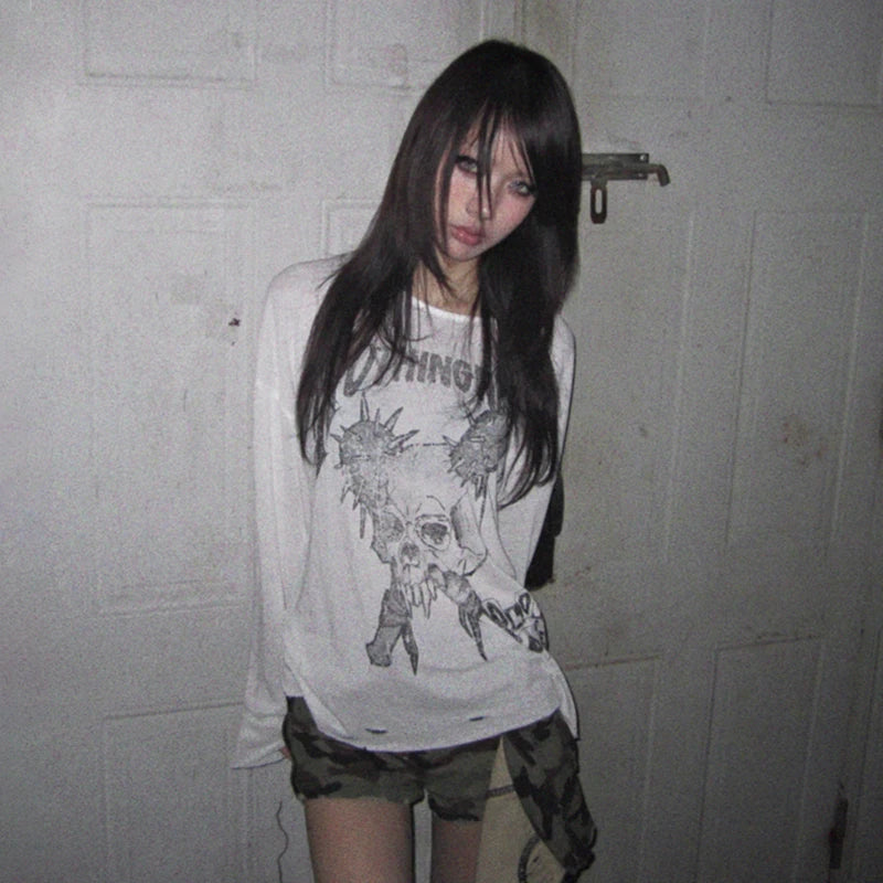 Grunge Y2K Skull Graphic Long Sleeve Top