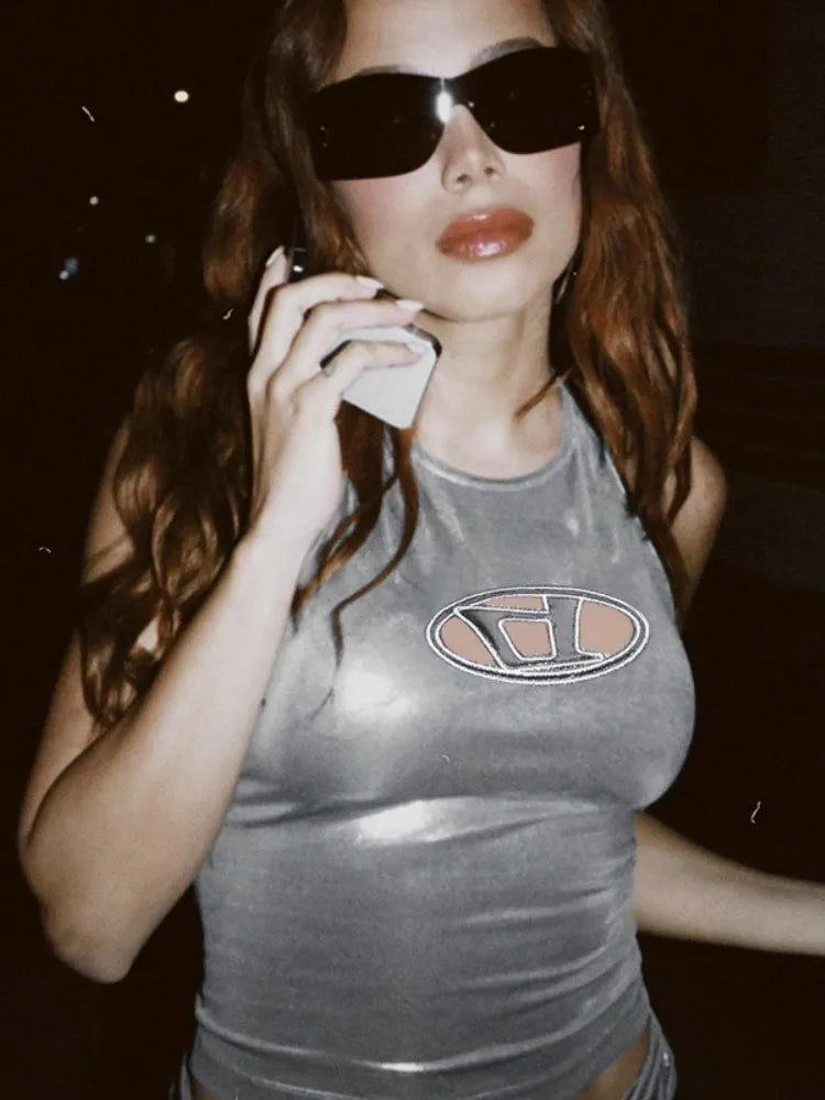 Hanging Neck Y2K Sexy Metallic Halter Crop Top