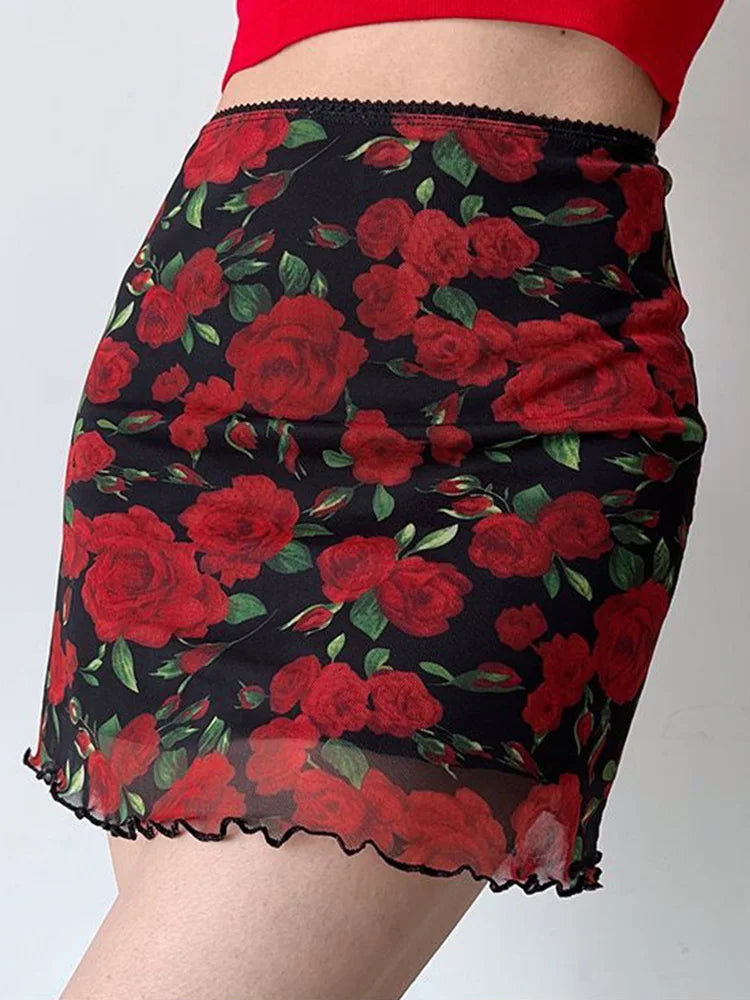 High Waist Y2K Mesh Rose Print Mini Skirt