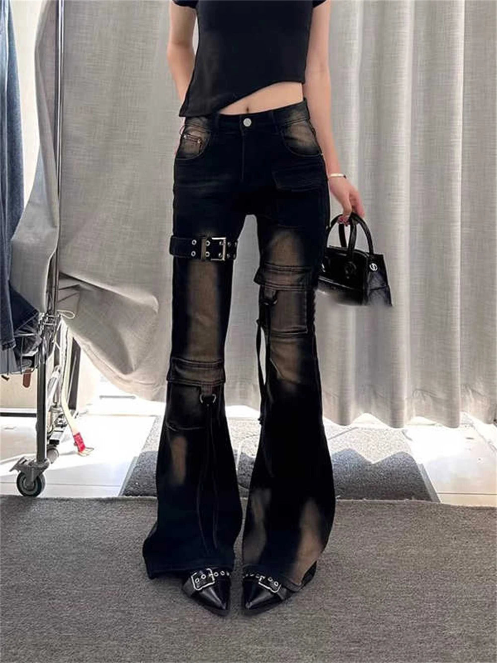 High Waist Y2K Washed Cargo Flared Jeans