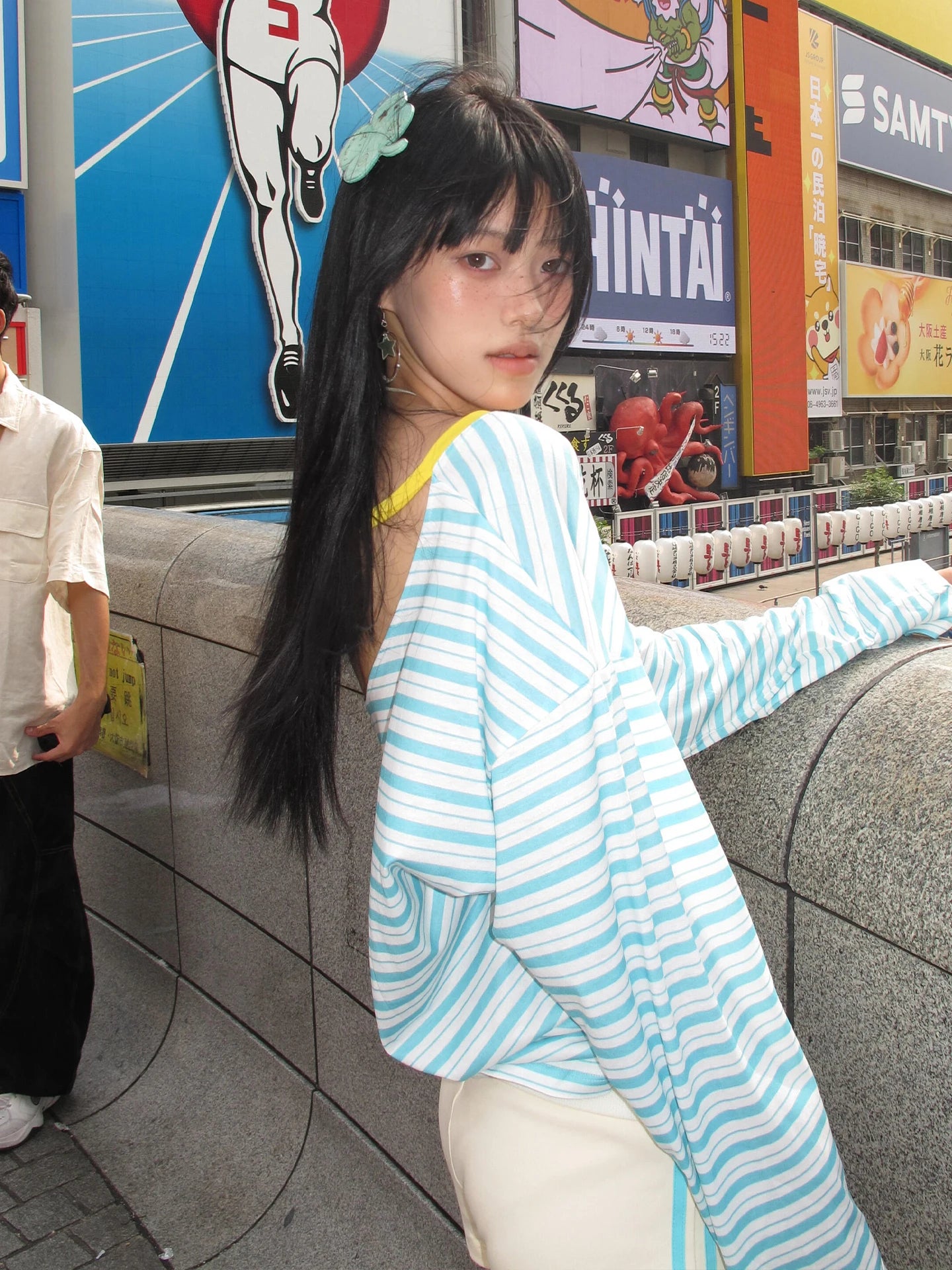 Japanese Y2K Blue Striped Low Cut V Neck Long Sleeve Top