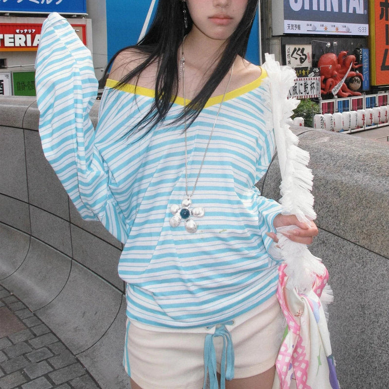 Japanese Y2K Blue Striped Low Cut V Neck Long Sleeve Top