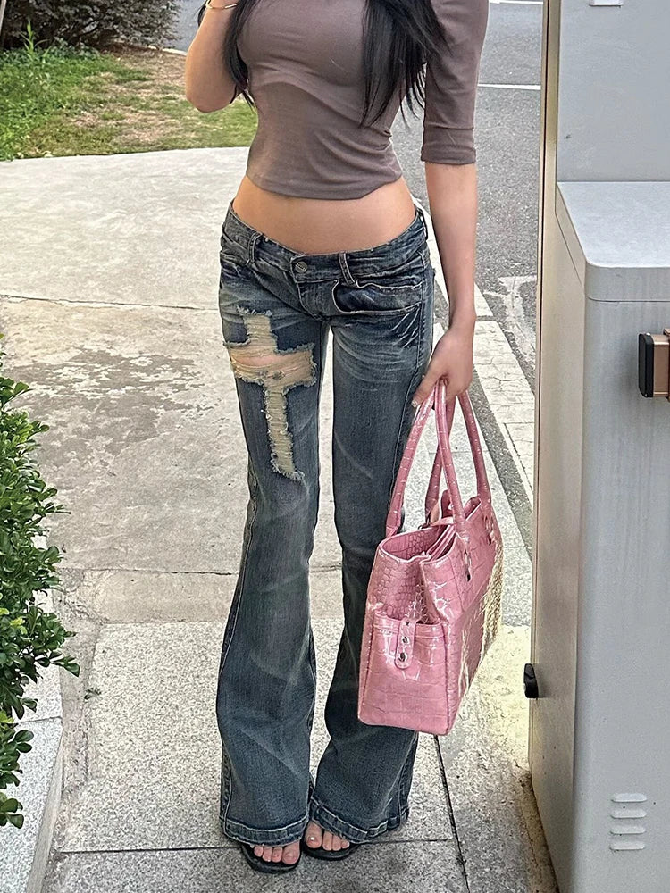 Japanese Y2K Distressed Cross Skinny Flared Jeans