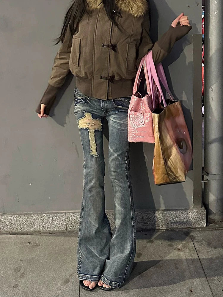 Japanese Y2K Distressed Cross Skinny Flared Jeans