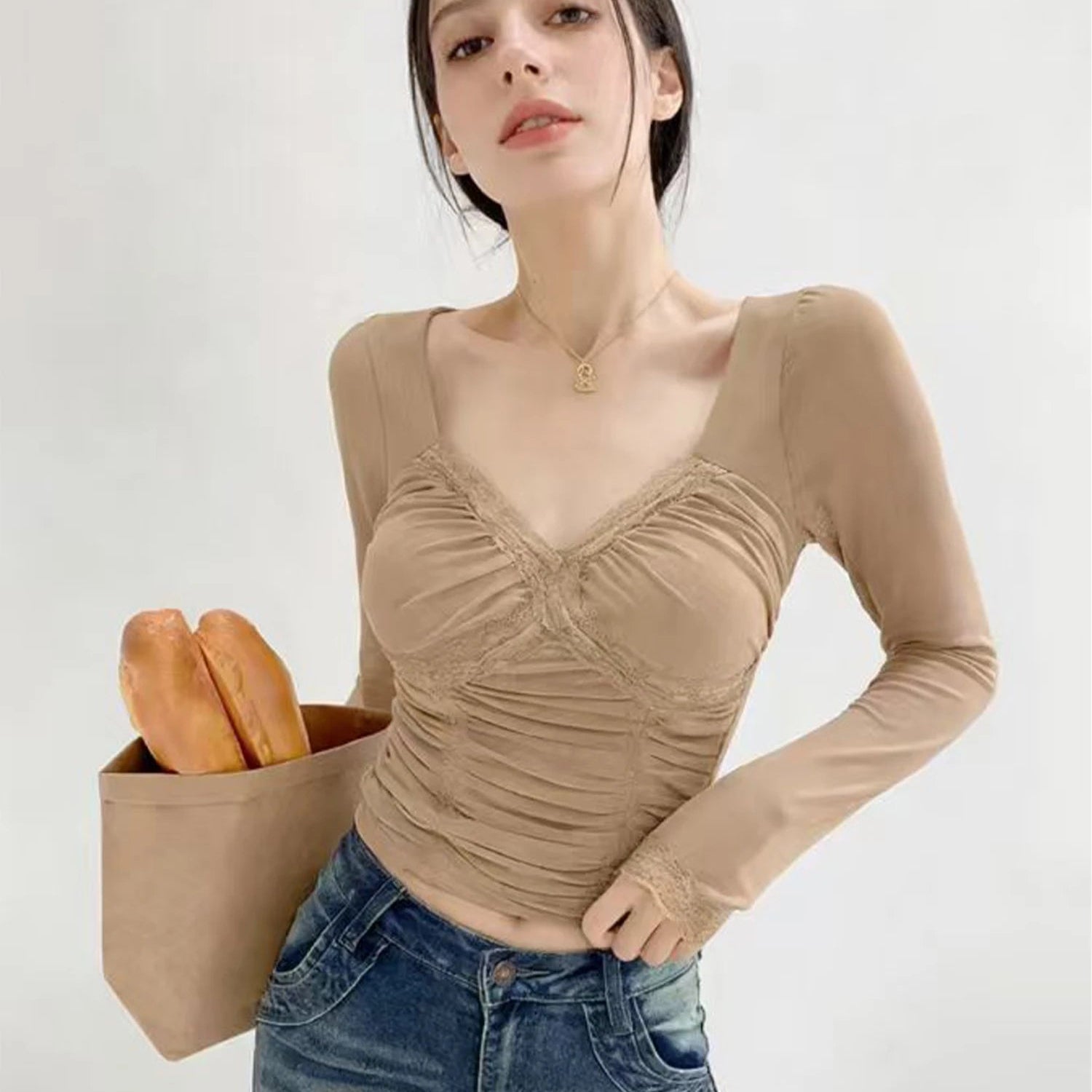 Lace Y2K Cropped Long Sleeve Low Cut Top
