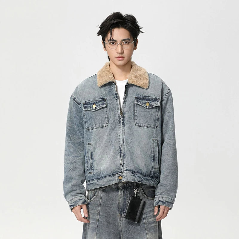 Mens Y2K Faux Wool Collar Washed Denim Jacket