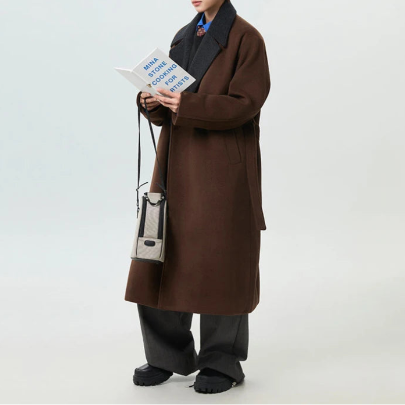 Mens Y2K Overknee Old Money Lapel Contrast Color Trench Coat Jacket