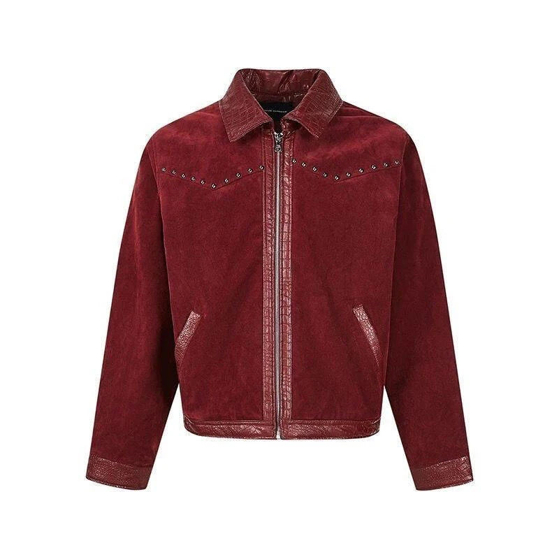 Mens Y2K Turn Down Collar Patchwork Rivet Faux Leather Jacket