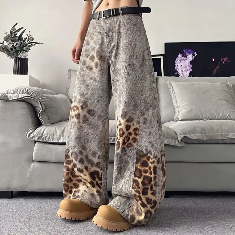 Mens Y2K Wide Leg Leopard Print Work Trousers