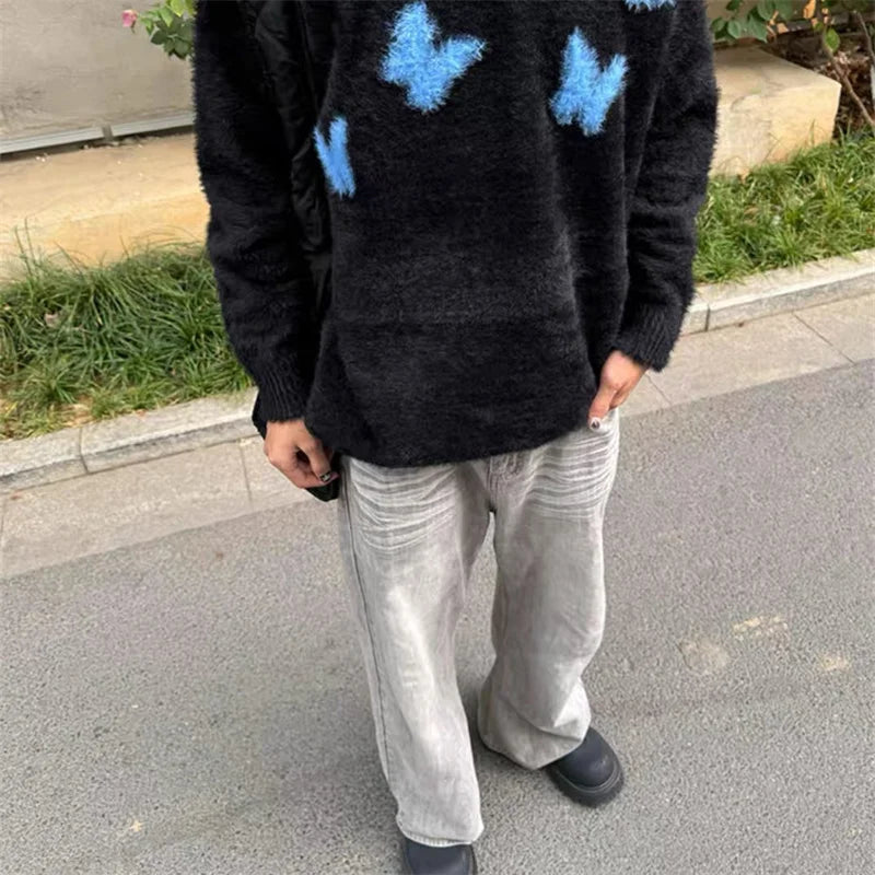 Mohair Y2K Blue Butterfly Knitted Cosy Jumper Sweater