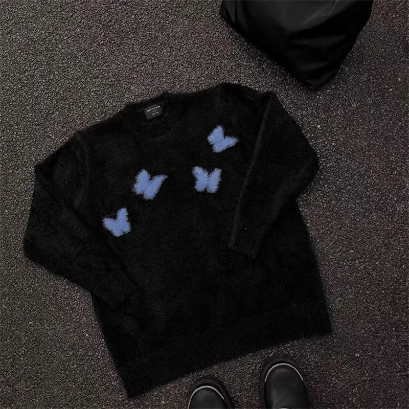 Mohair Y2K Blue Butterfly Knitted Cosy Jumper Sweater