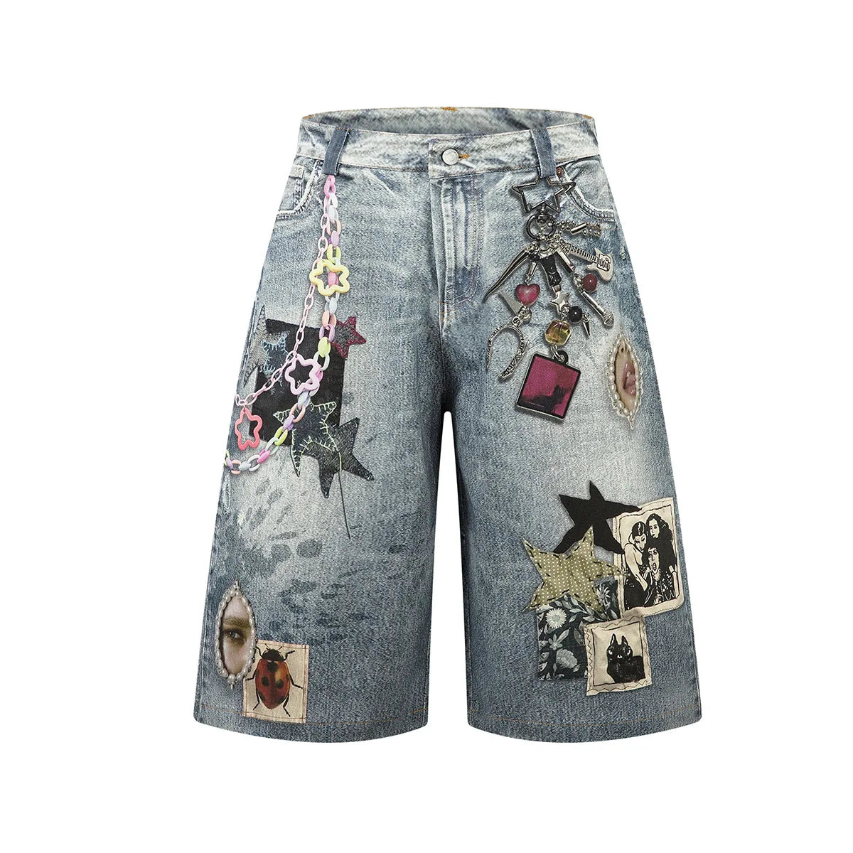 Print Y2K Persi Patchwork Washed Wide Leg Denim Shorts Jorts