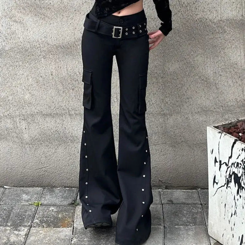 Retro Grunge Y2K Rivet Design Belt Flared Jeans