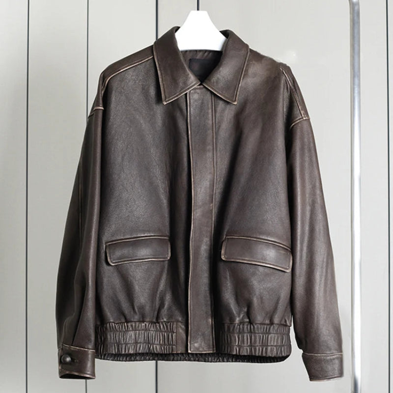 Retro Y2K Oversized Distressed Brown Faux Leather Jacket